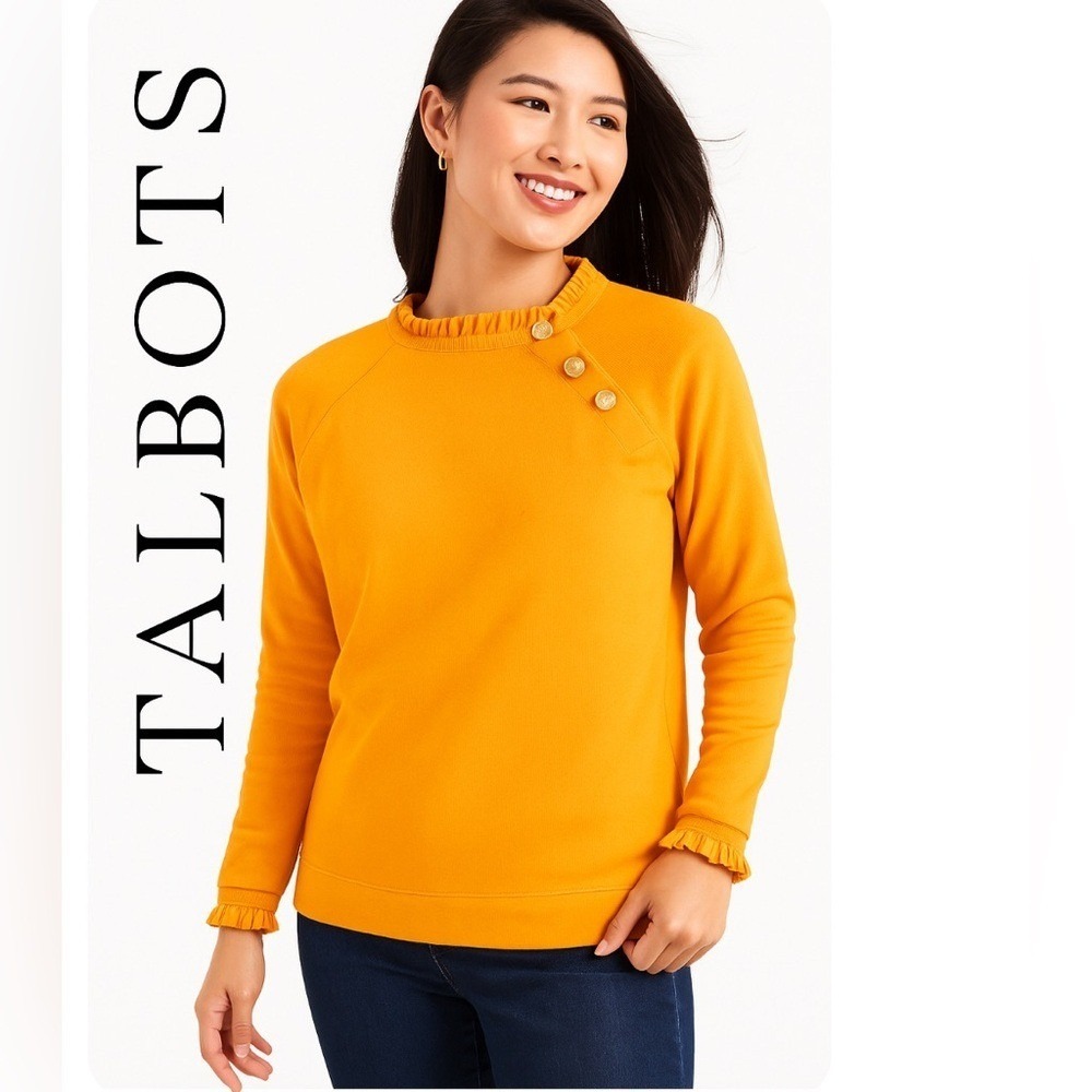 NWT Talbots Marigold Ruffle Neck Sweater XL Gold Button 100% Cotton Preppy